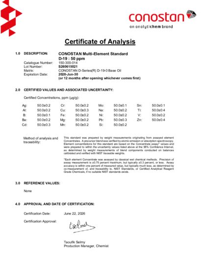 Primeira página: Certificado de análise, lote S260615021