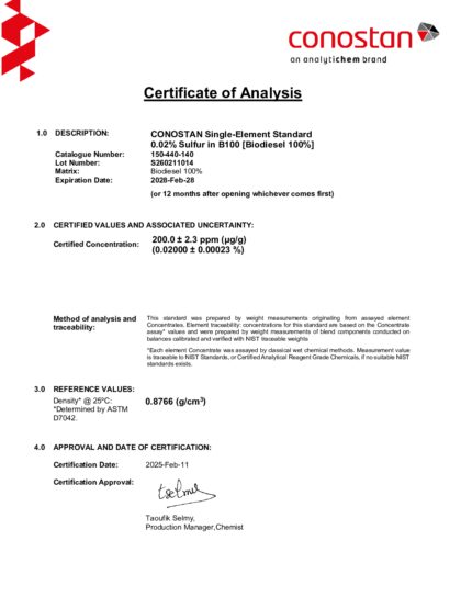 Primeira página: Certificado de análise, lote S260211014