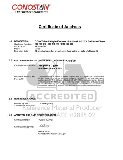 Primeira página: Certificado de análise, lote 0753530GD