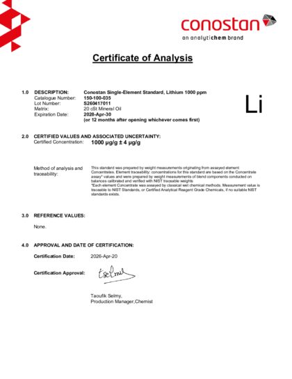 Primeira página: Certificado de análise, lote S260417011