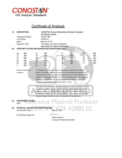 Primeira página: Certificado de análise, lote 210525-22