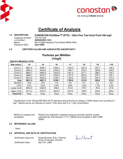 Primeira página: Certificado de análise, lote S260325035 (167)