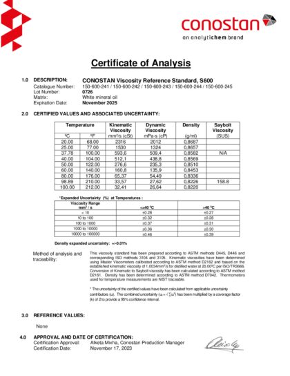 Primeira página: Certificado de análise, lote 0726