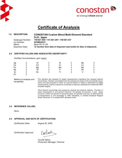 Primeira página: Certificado de análise, lote S250822015