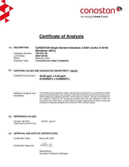 Primeira página: Certificado de análise, lote 003012B100