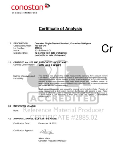 Primeira página: Certificado de análise, lote 500920