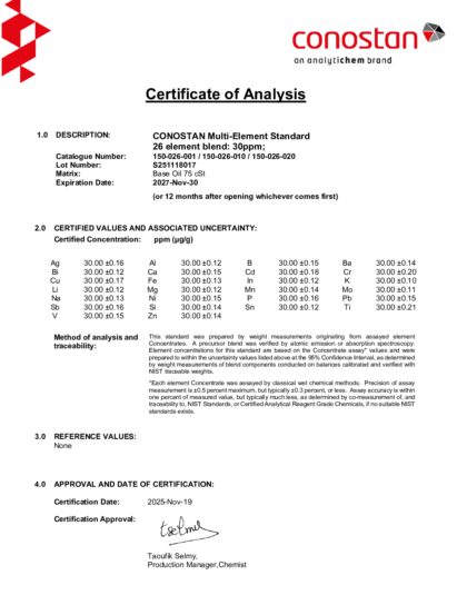 Primeira página: Certificado de análise, lote S251118017