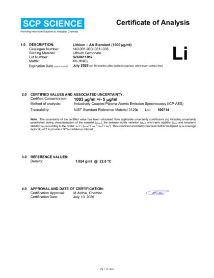 Primeira página: Certificado de análise, lote S260611052