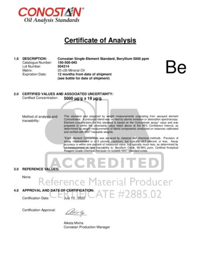 Primeira página: Certificado de análise, lote 504314