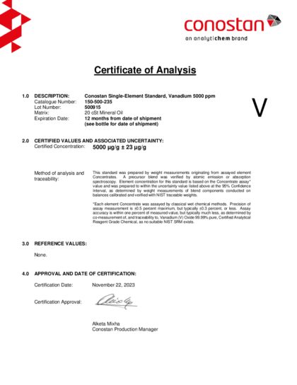 Primeira página: Certificado de análise, lote 500915