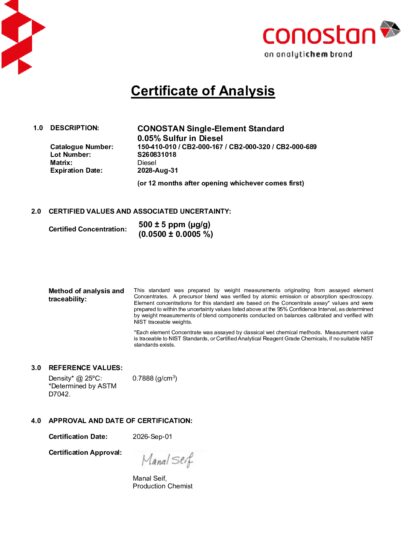 Primeira página: Certificado de análise, lote S260831018