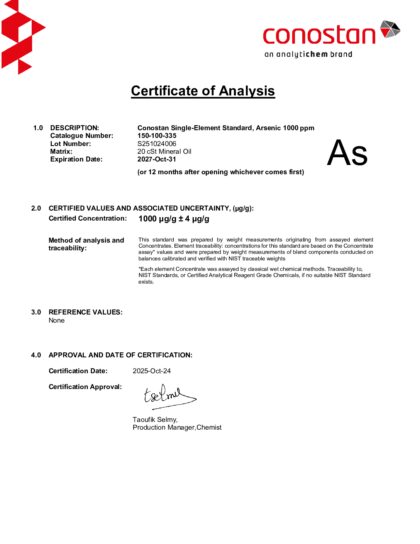 Primeira página: Certificado de análise, lote S251024006