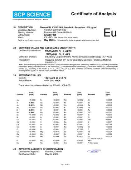 Primeira página: Certificado de análise, lote S260507005