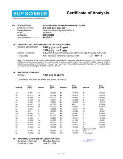 Primeira página: Certificado de análise, lote S260506032