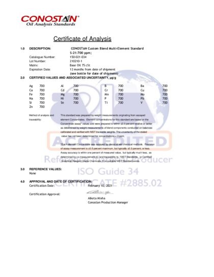 Primeira página: Certificado de análise, lote 210210-1