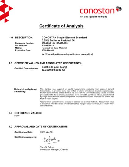 Primeira página: Certificado de análise, lote S260309015