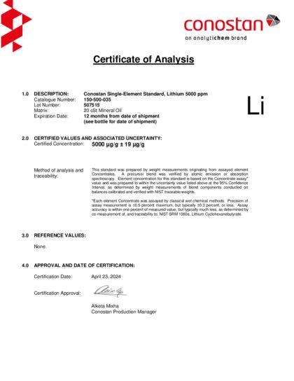 Primeira página: Certificado de análise, lote 507515
