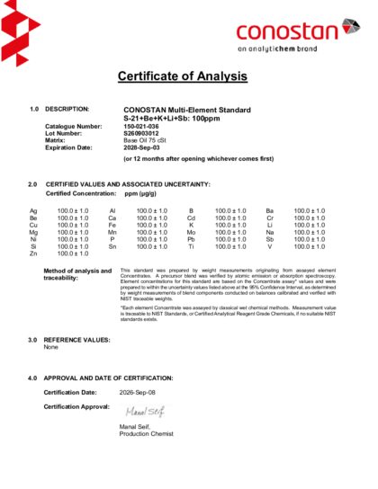 Primeira página: Certificado de análise, lote S260903012