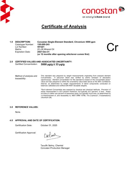 Primeira página: Certificado de análise, lote 501221