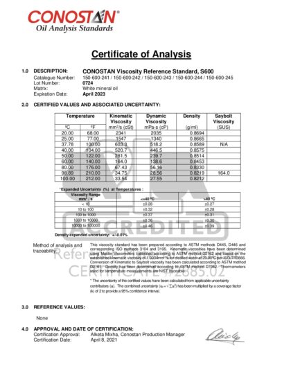 Primeira página: Certificado de análise, lote 0724