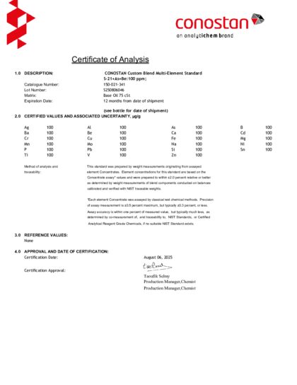 Primeira página: Certificado de análise, lote S250806046