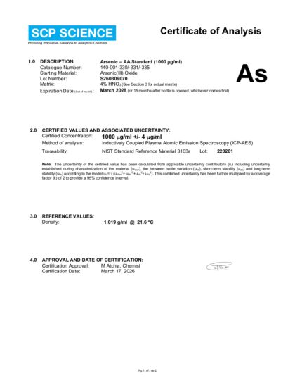 Primeira página: Certificado de análise, lote S260309070