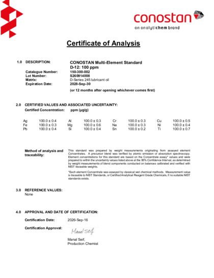 Primeira página: Certificado de análise, lote S260914008