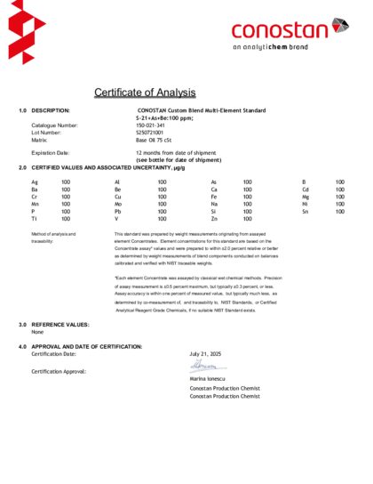 Primeira página: Certificado de análise, lote S250721001