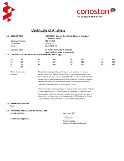 Primeira página: Certificado de análise, lote 250304-16