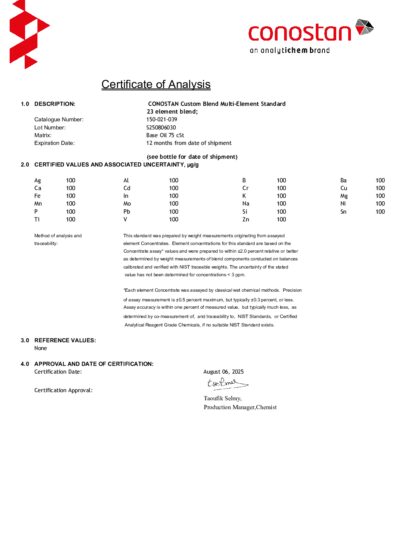 Primeira página: Certificado de análise, lote S250806030