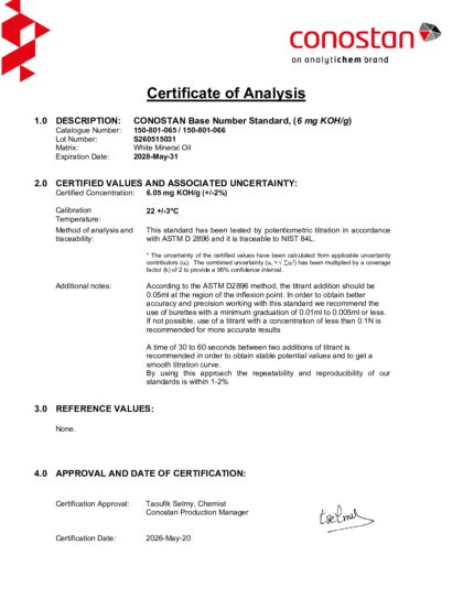 Primeira página: Certificado de análise, lote S260515031