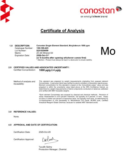 Primeira página: Certificado de análise, lote S251029009