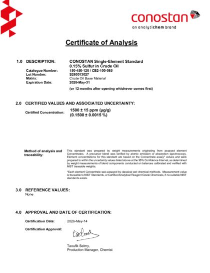 Primeira página: Certificado de análise, lote S260513027