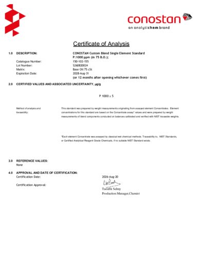 Primeira página: Certificado de análise, lote S260820024