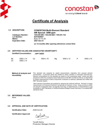 Primeira página: Certificado de análise, lote S251020037