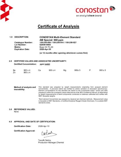 Primeira página: Certificado de análise, lote S260410003