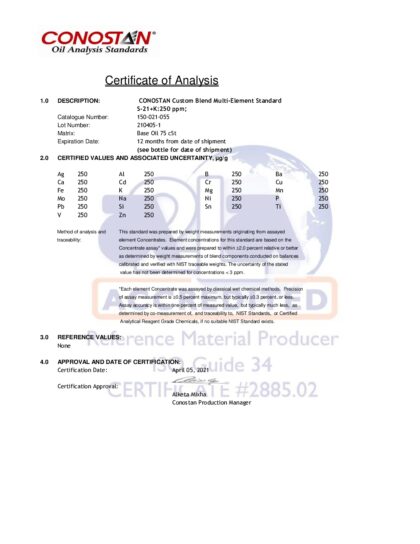 Primeira página: Certificado de análise, lote 210405-1