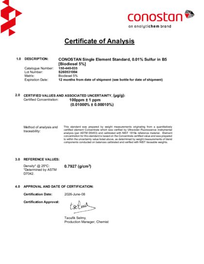 Primeira página: Certificado de análise, lote S260531004