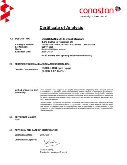 Primeira página: Certificado de análise, lote S251016039