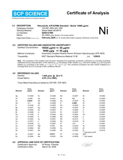 Primeira página: Certificado de análise, lote S260127006