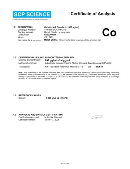 Primeira página: Certificado de análise, lote S260309054