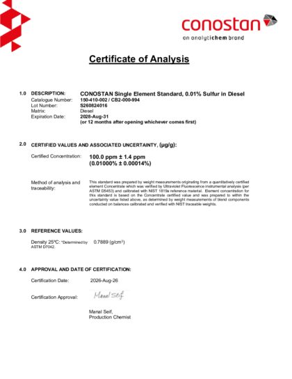 Primeira página: Certificado de análise, lote S260824016