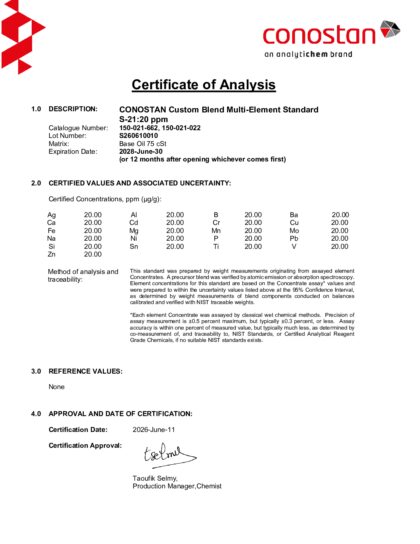Primeira página: Certificado de análise, lote S260610010