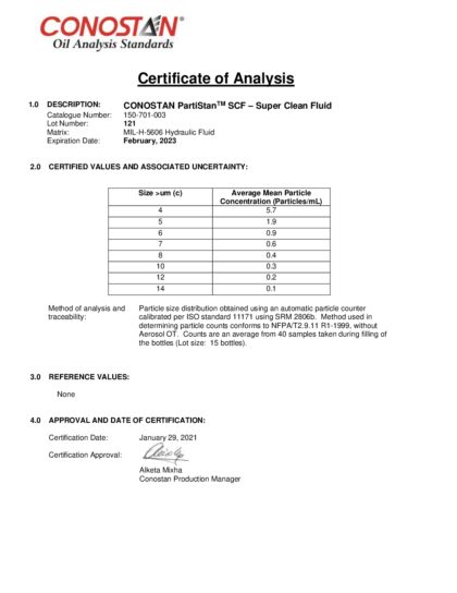 Primeira página: Certificado de análise, lote 121