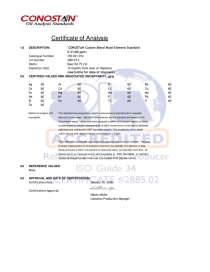 Primeira página: Certificado de análise, lote 200129-2