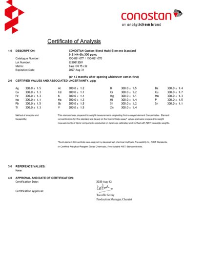 Primeira página: Certificado de análise, lote S250812001