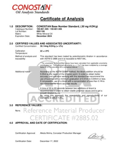 Primeira página: Certificado de análise, lote 0301100