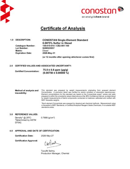 Primeira página: Certificado de análise, lote S260525037