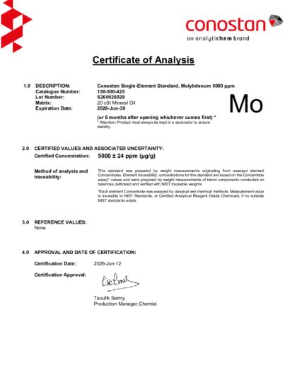 Primeira página: Certificado de análise, lote S260526029