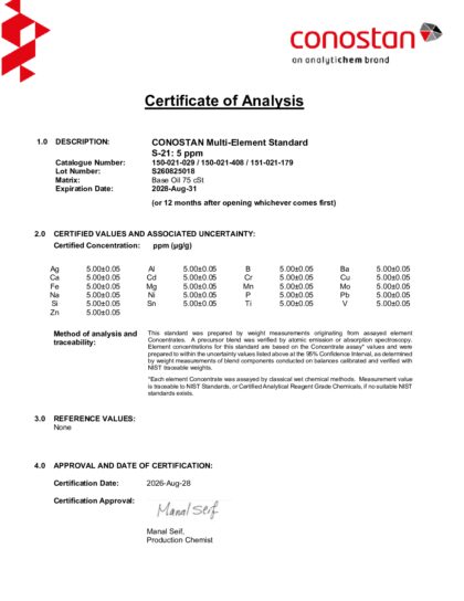 Primeira página: Certificado de análise, lote S260825018